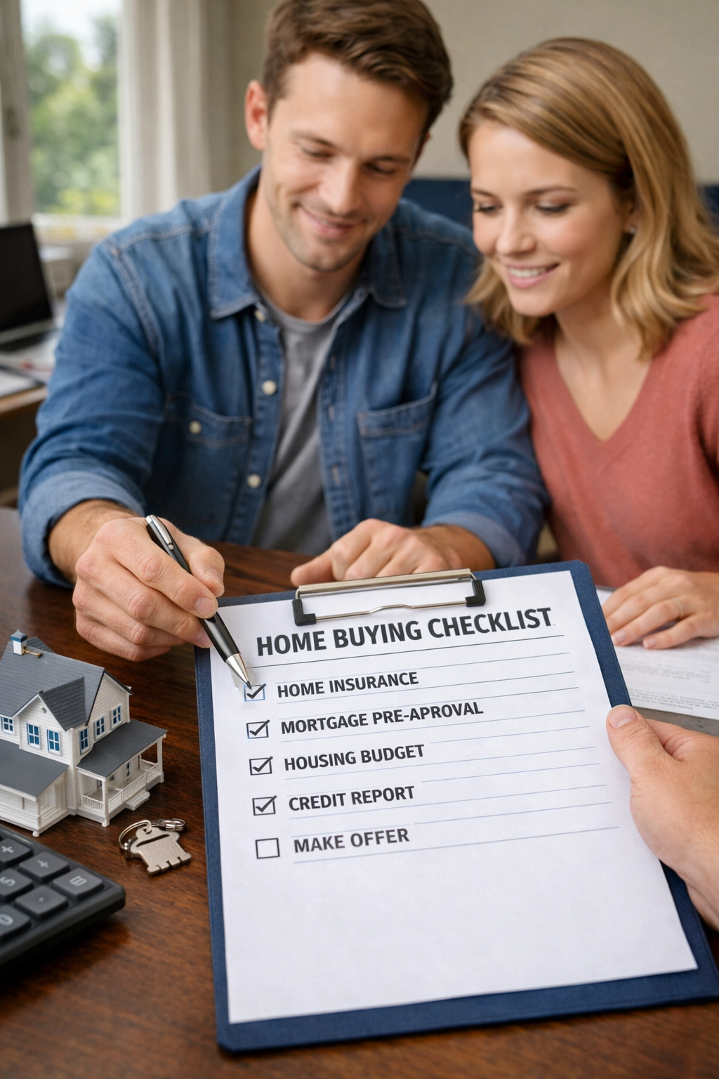 First-time homebuyers planning insurance and mortgage steps