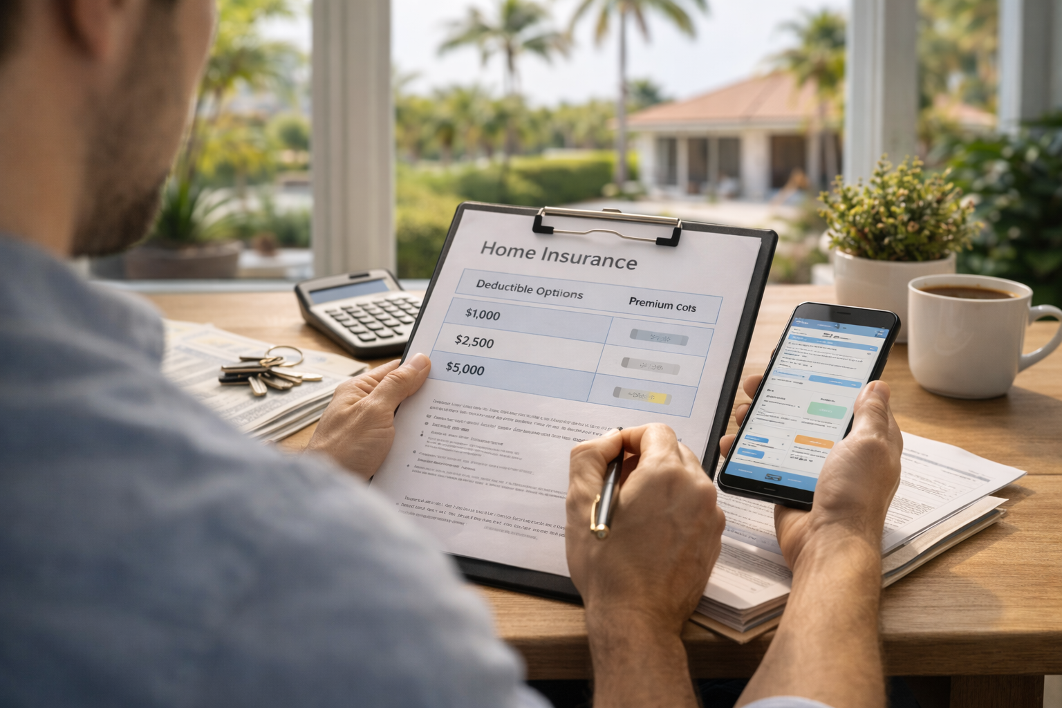 Homeowner reviewing insurance deductible options for home insurance
