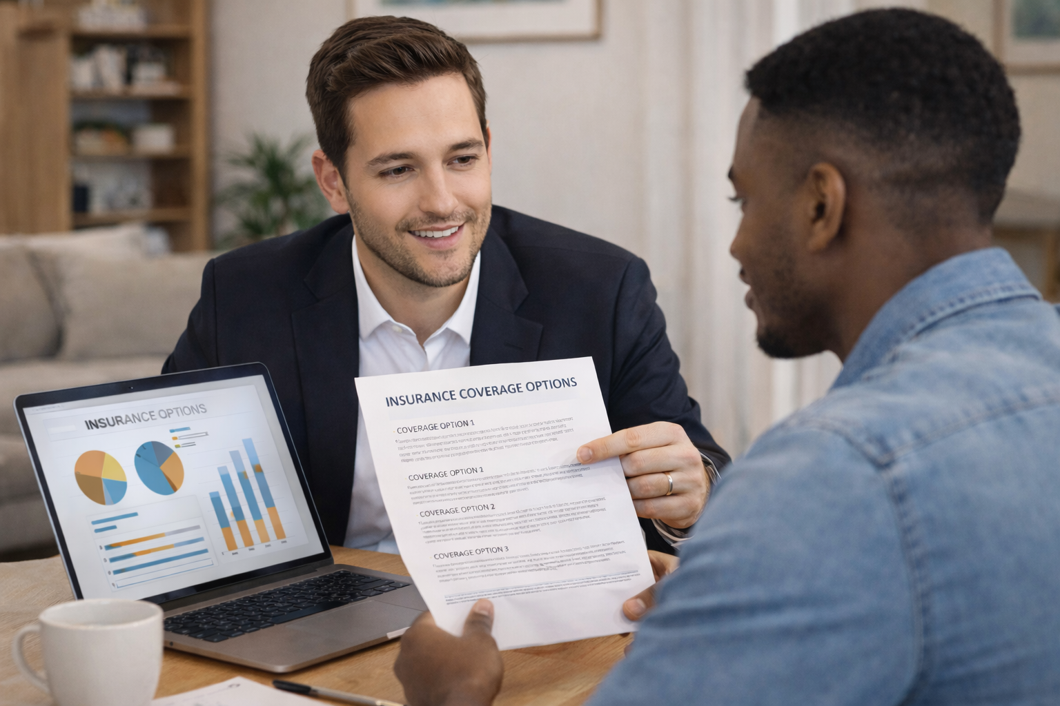 Insurance agent reviewing coverage options with a client using clear documents and a laptop