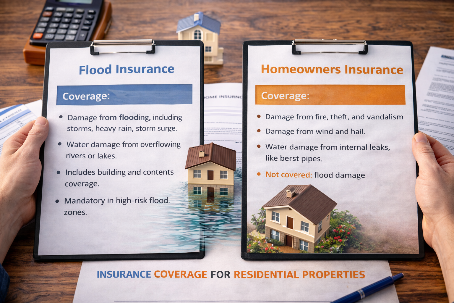 Flood insurance versus homeowners insurance coverage comparison for residential properties