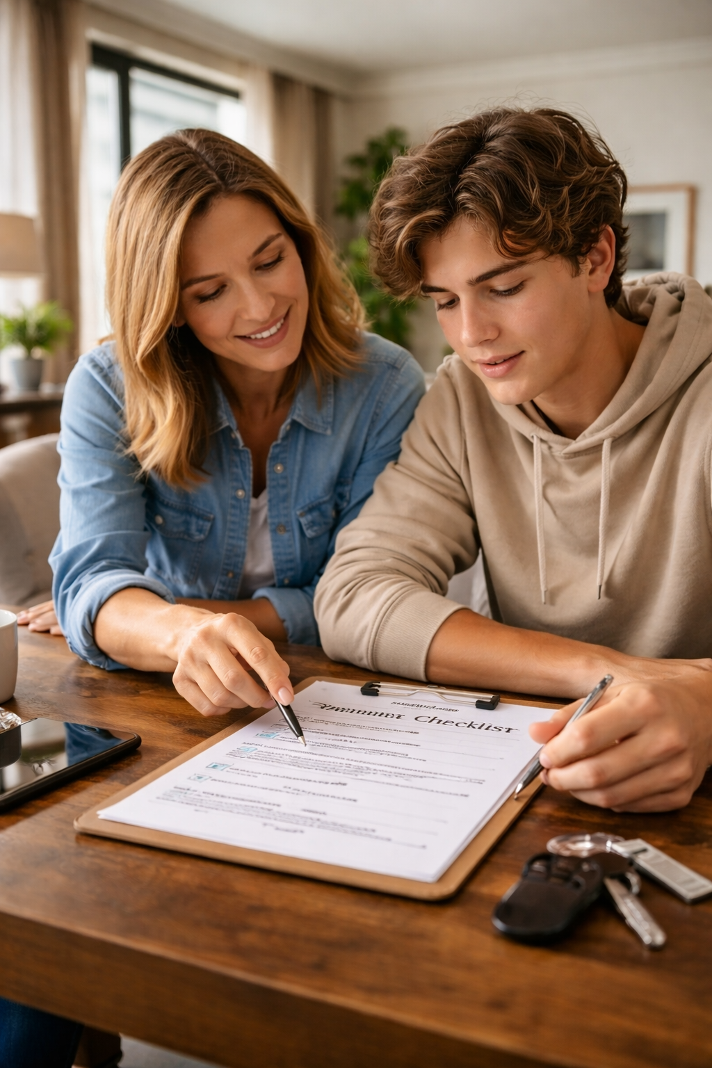 Teen driver reviewing car insurance checklist with parent