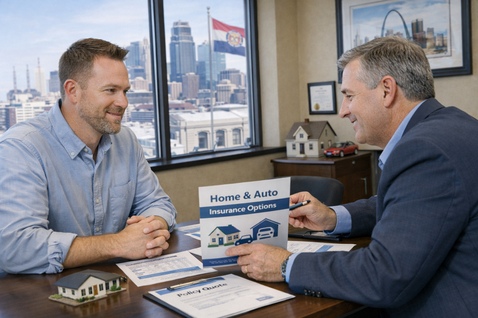Kansas City Missouri homeowner meeting with an insurance agent to review home and auto coverage