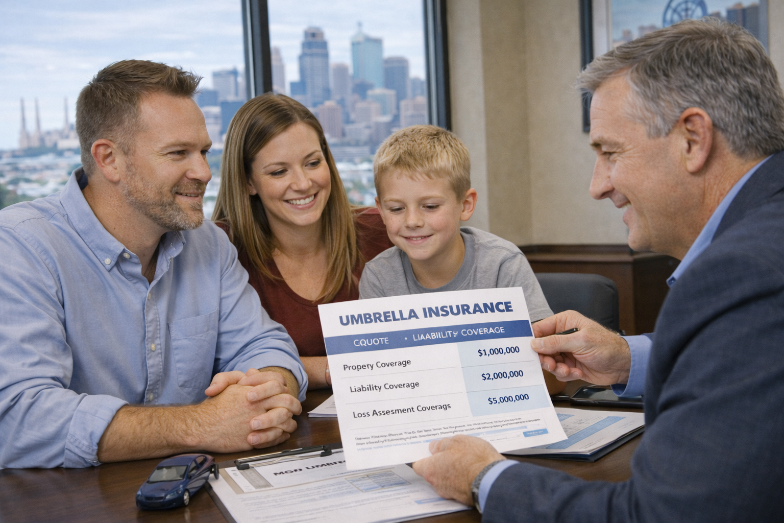 Kansas City Missouri family reviewing umbrella insurance cost and liability coverage with an agent