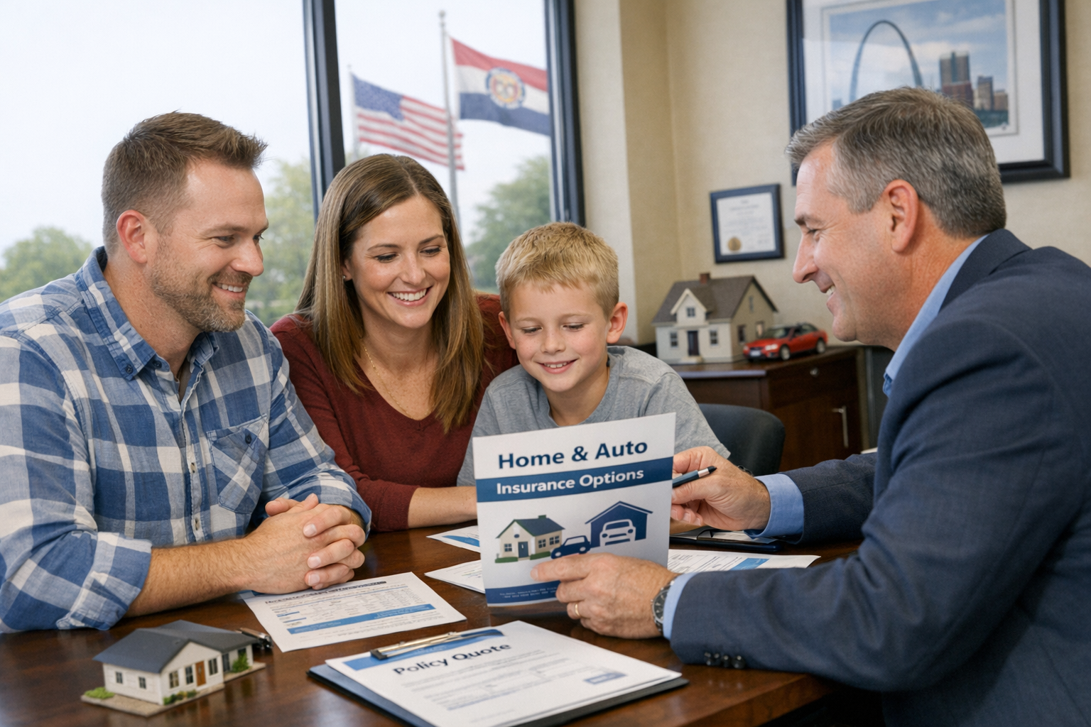 Missouri family reviewing home and auto insurance options with a local insurance agent