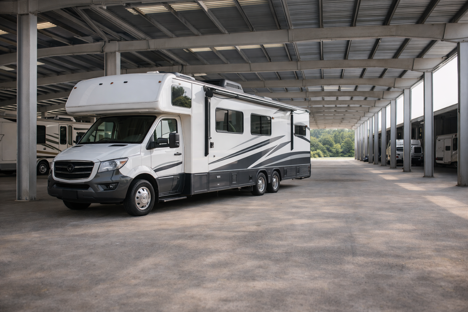 RV in covered storage facility representing RV insurance storage coverage and comprehensive protection