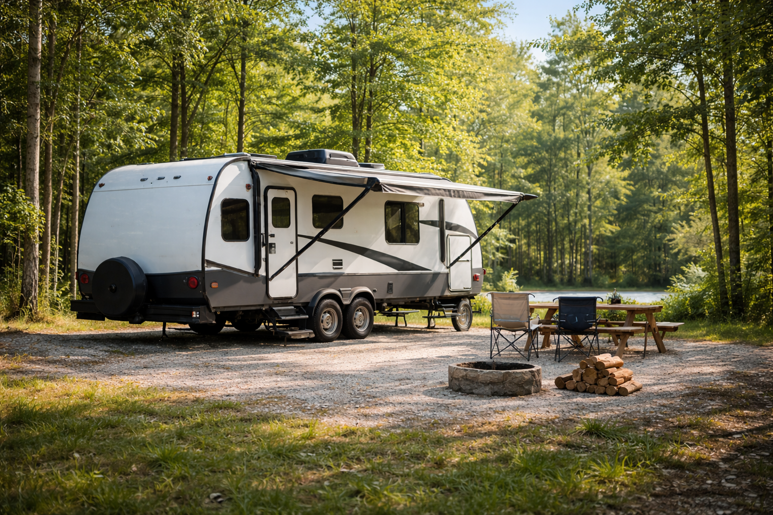 RV parked at a wooded Missouri campground representing RV insurance coverage and liability protection