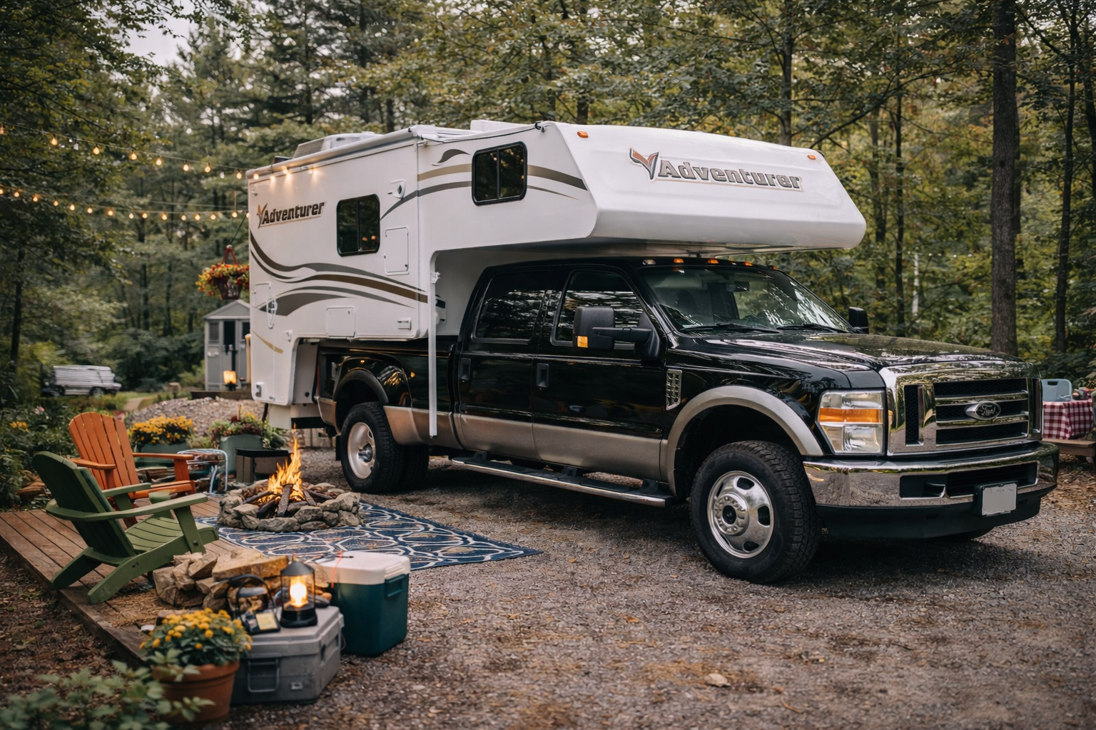 Pickup truck carrying slide in camper at campground representing camper insurance coverage