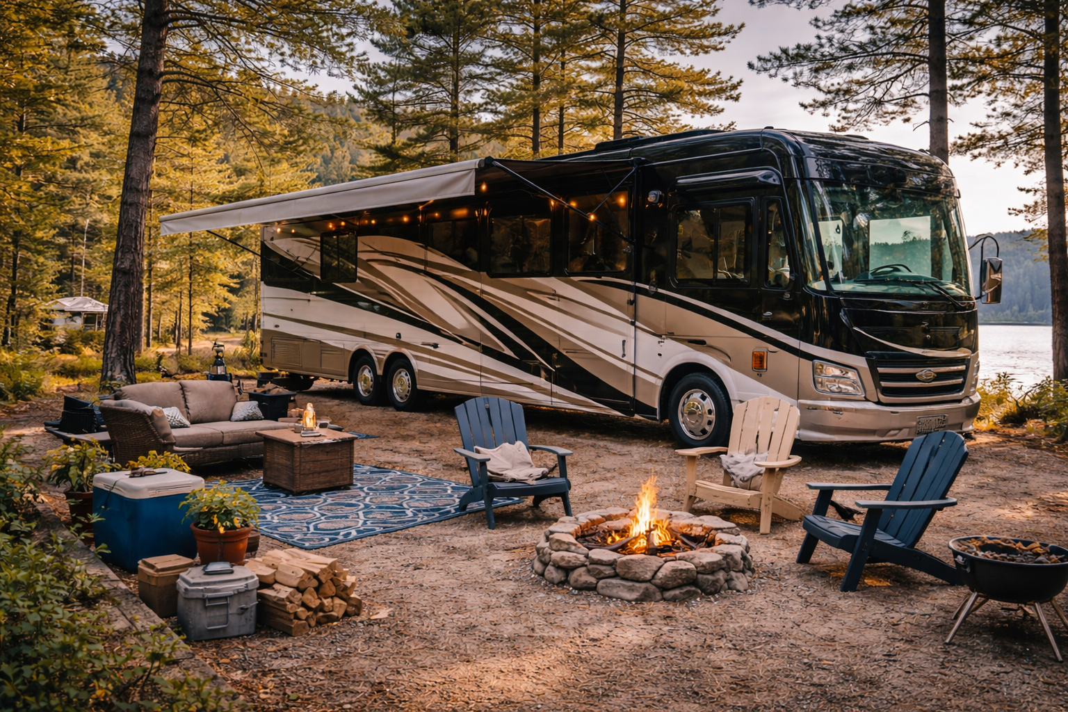 Large luxury Class A motorhome parked at scenic campground representing Class A motorhome insurance coverage