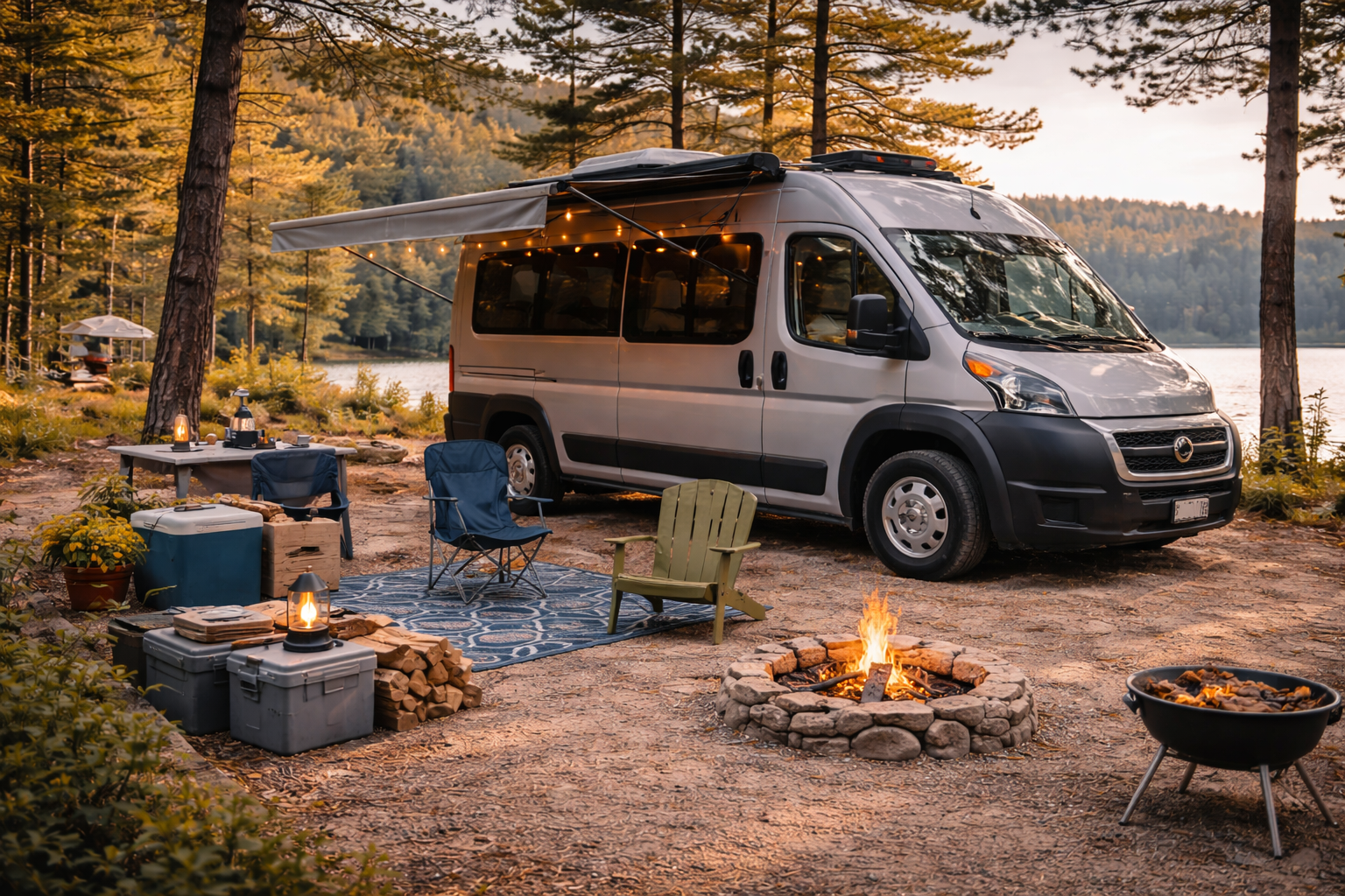 Class B camper van parked at scenic campsite representing Class B motorhome insurance coverage