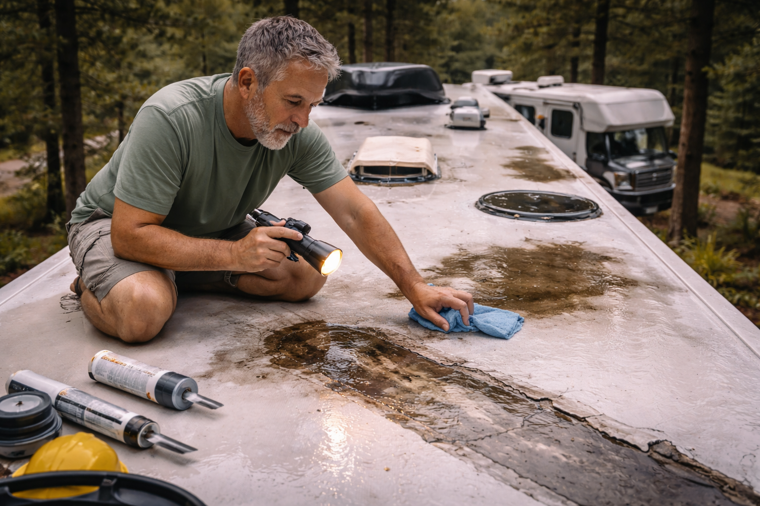 Motorhome roof inspection after leak representing RV insurance roof leak coverage questions