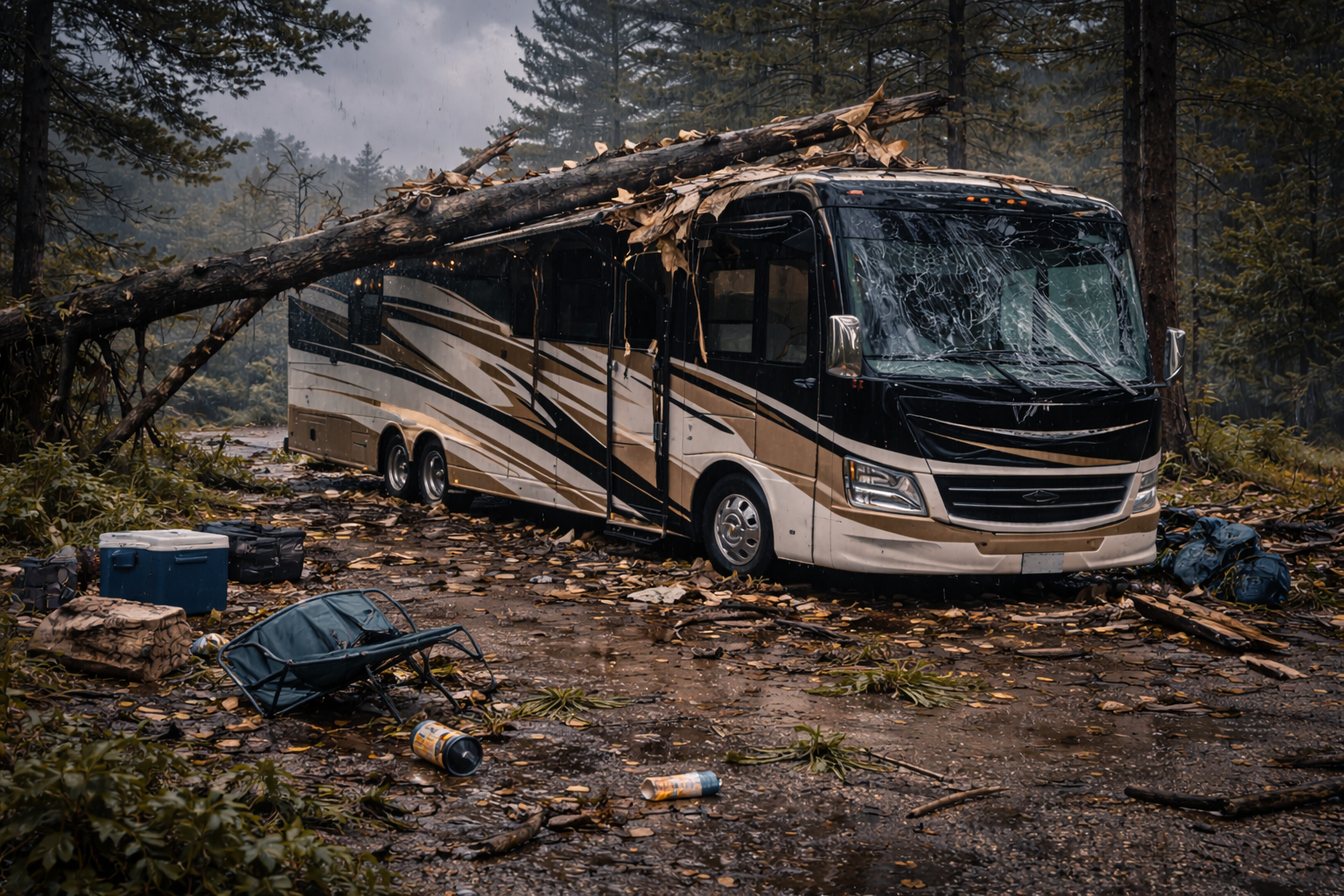 Motorhome after severe storm damage representing RV insurance coverage for storm related losses