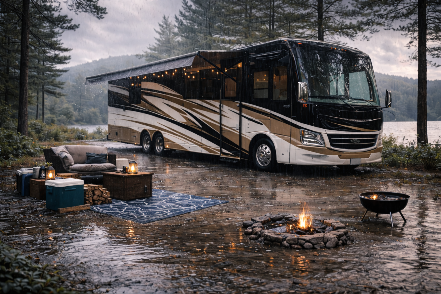Motorhome after heavy rain representing RV insurance coverage for water damage