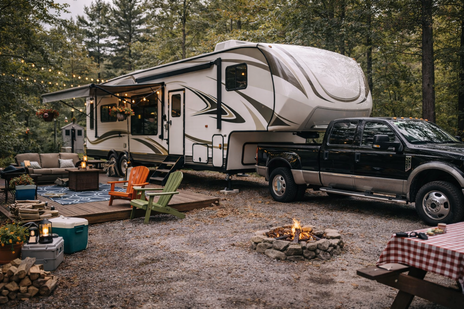 Large fifth wheel RV connected to pickup truck at campground representing fifth wheel RV insurance coverage