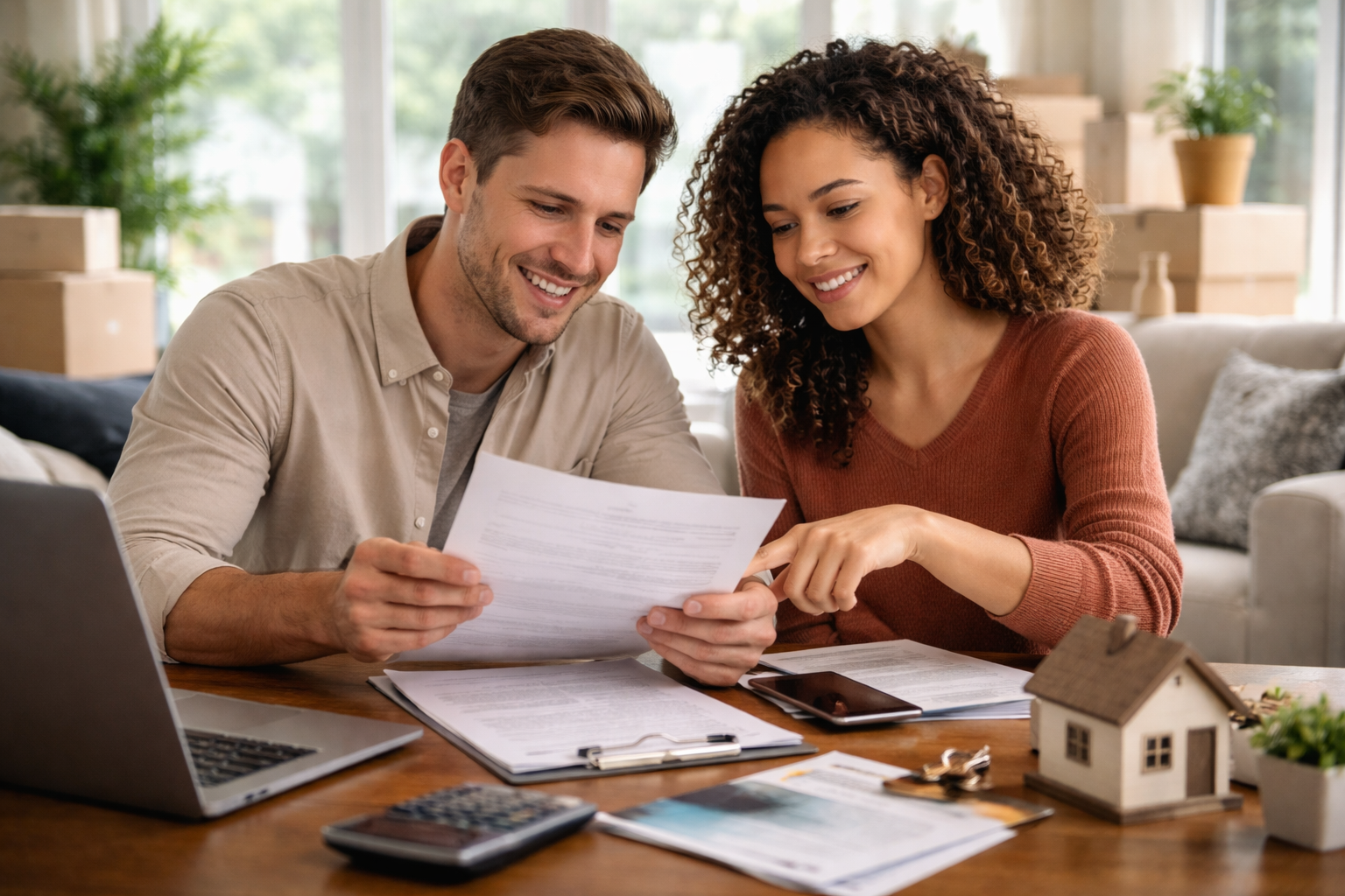 First time homeowners reviewing insurance options for their new home