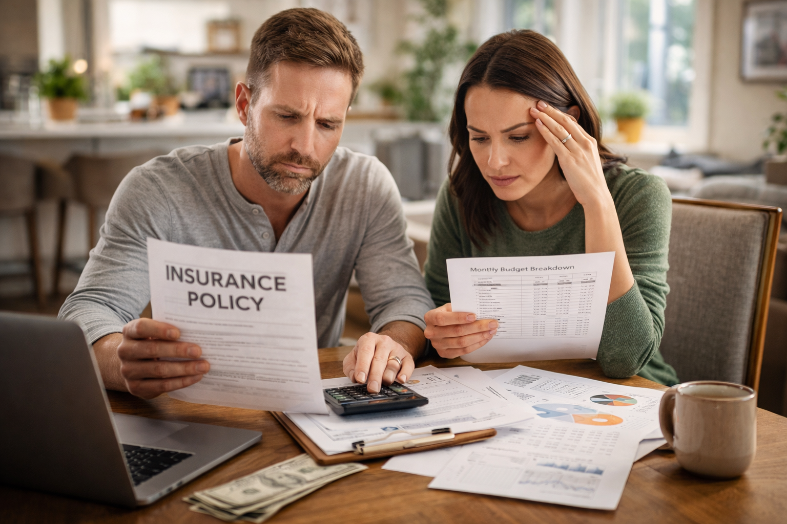 Homeowners reviewing insurance costs and budgeting for coverage