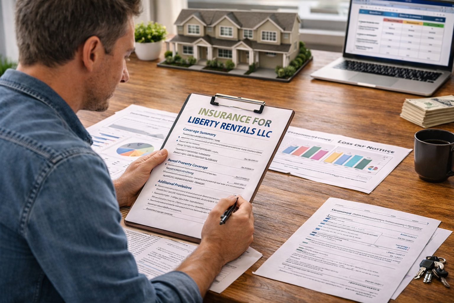 Real estate investor reviewing insurance options for rental properties owned by an LLC