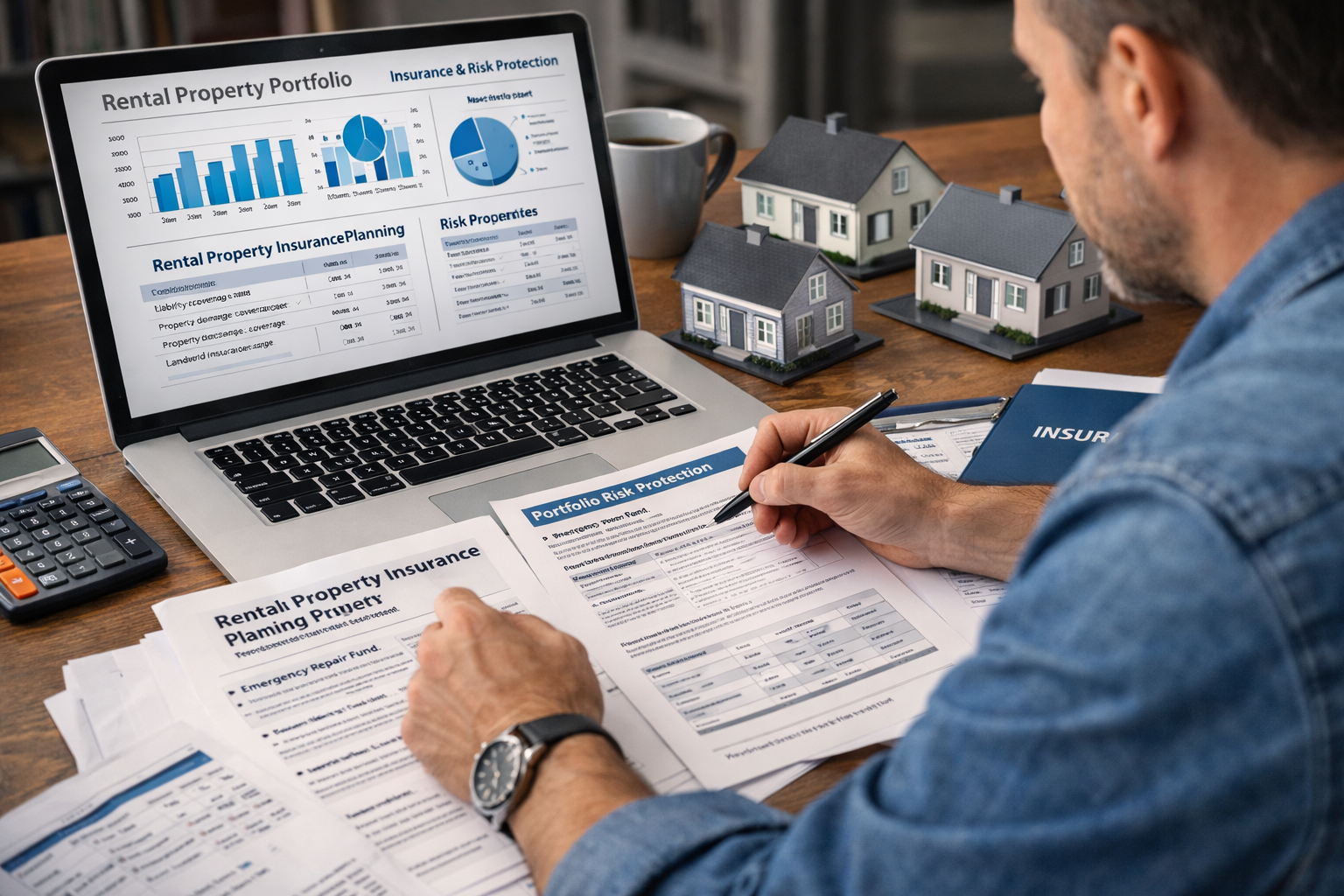 real estate investor reviewing rental property portfolio risk protection and insurance planning for multiple rental properties