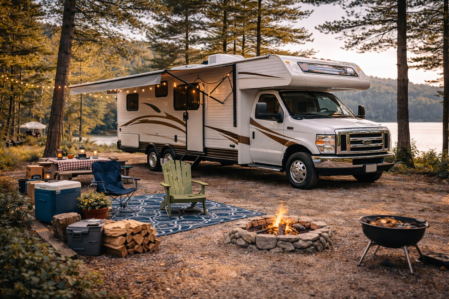 Class A motorhome parked at Missouri campground representing motorhome insurance coverage