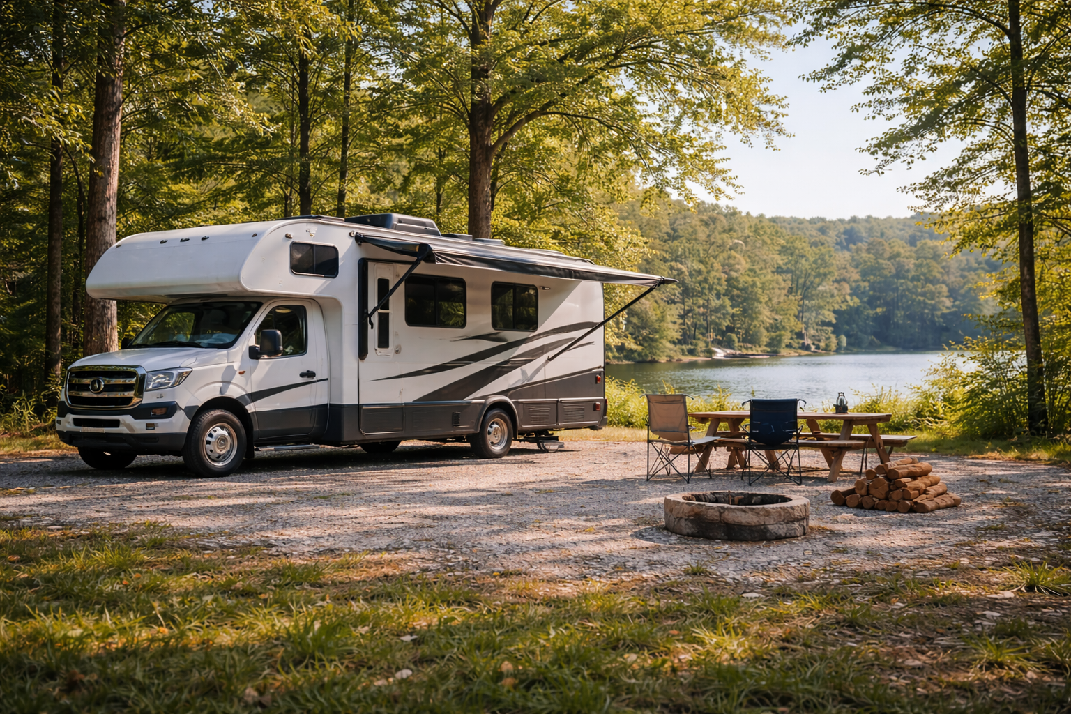 Motorhome parked near a scenic campground representing RV collision coverage insurance