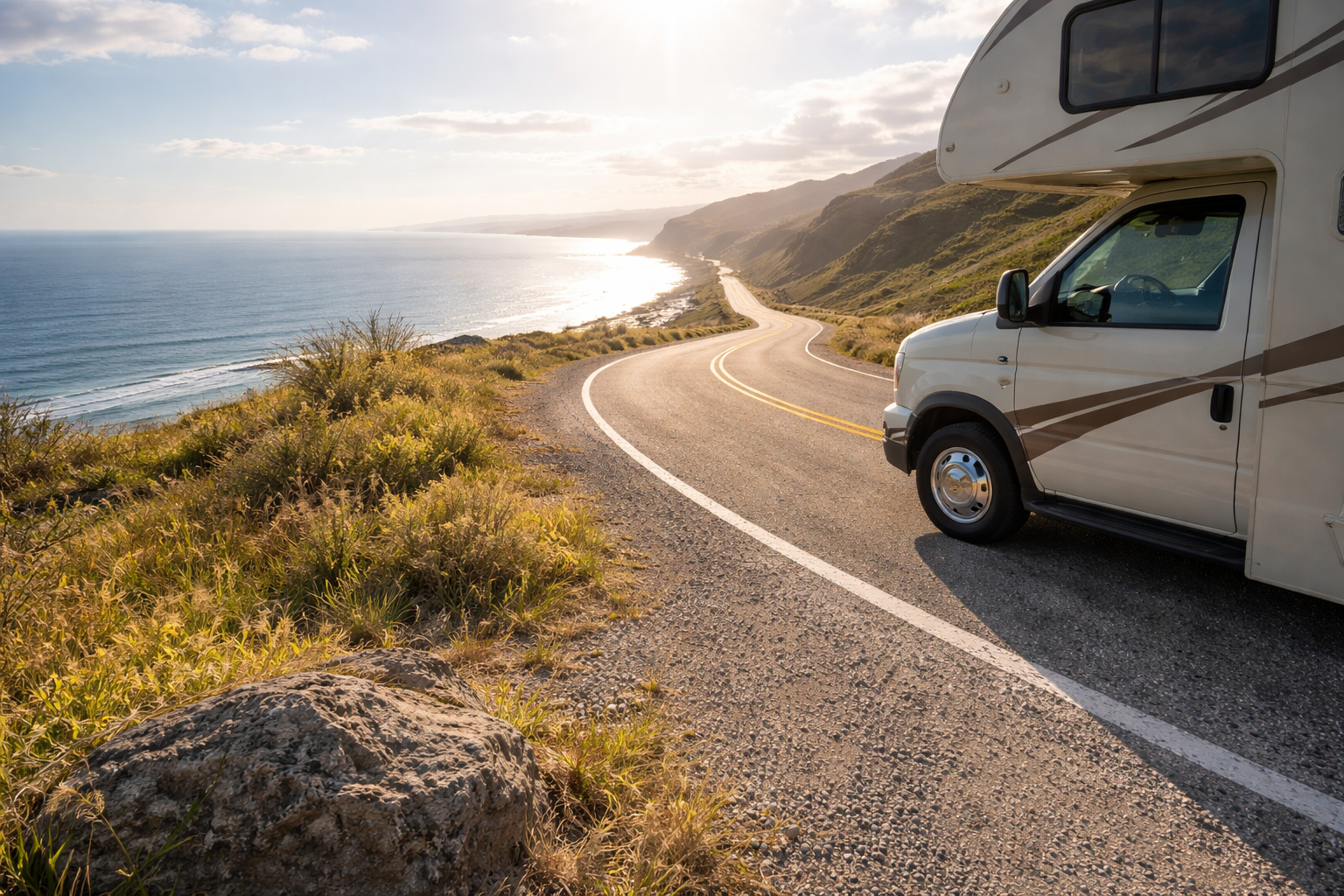 RV parked near a scenic road with insurance planning concept