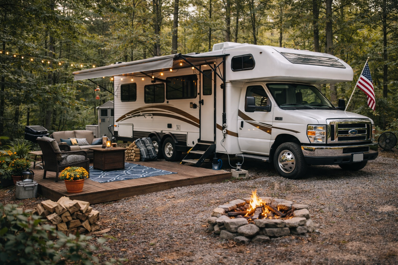 Motorhome parked long term at campground representing RV insurance for campground living coverage