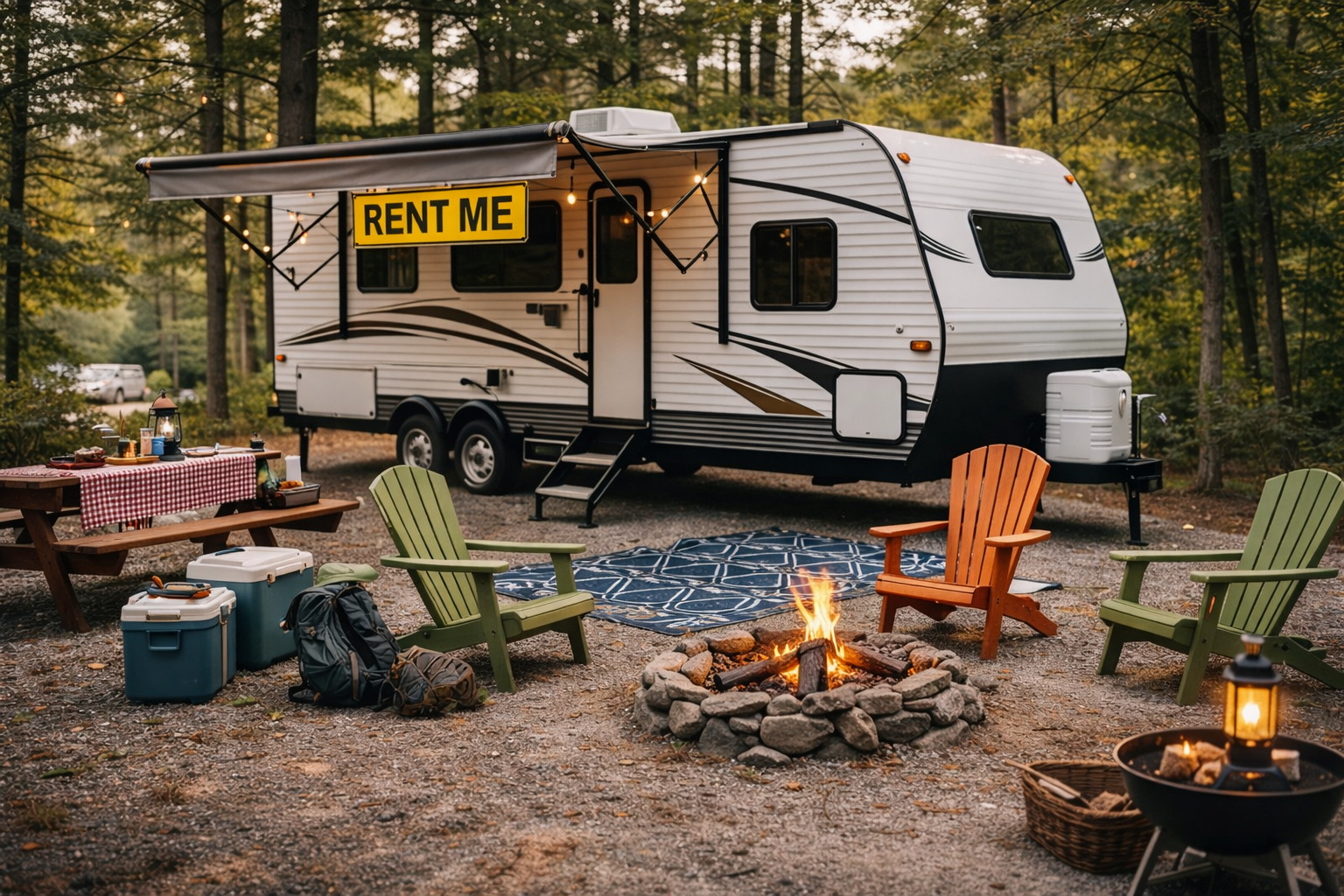 Travel trailer parked at campground prepared for rental representing RV insurance for rentals coverage