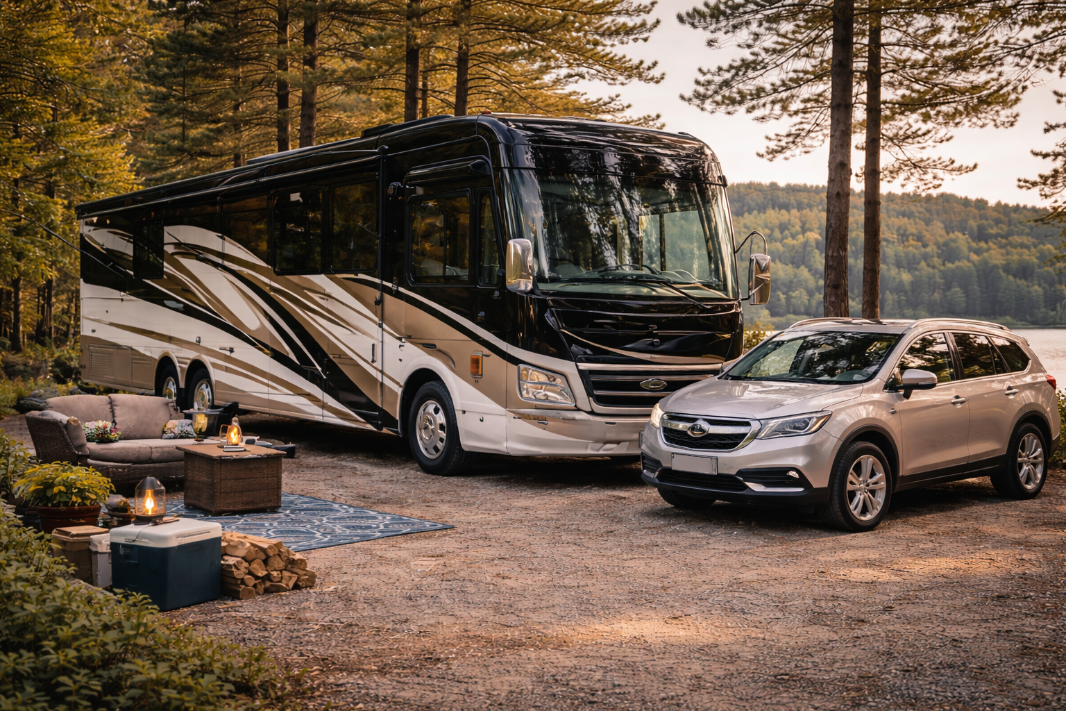 Motorhome and passenger car parked together illustrating RV insurance versus auto insurance differences