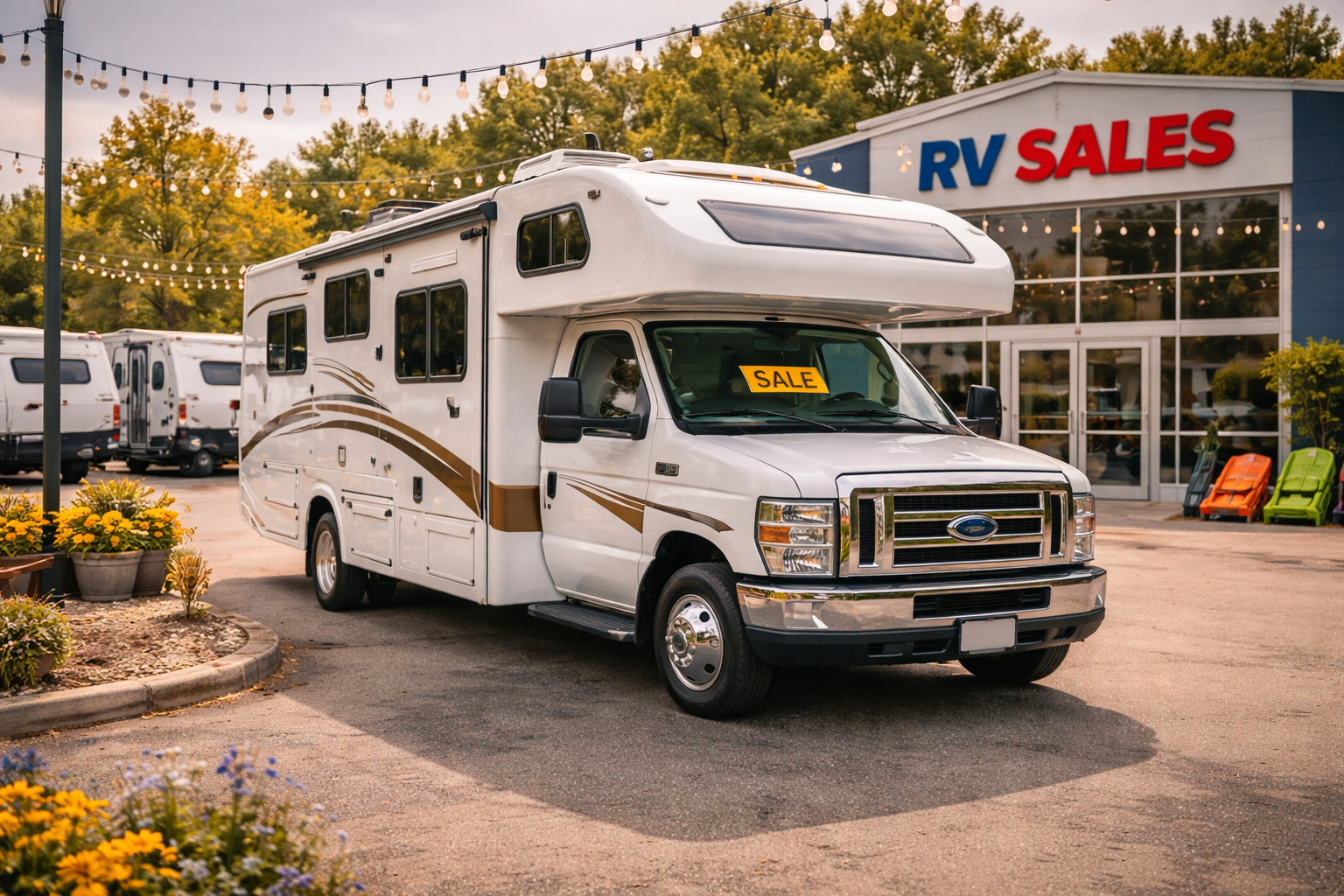 New motorhome at RV dealership representing total loss replacement coverage for RV insurance