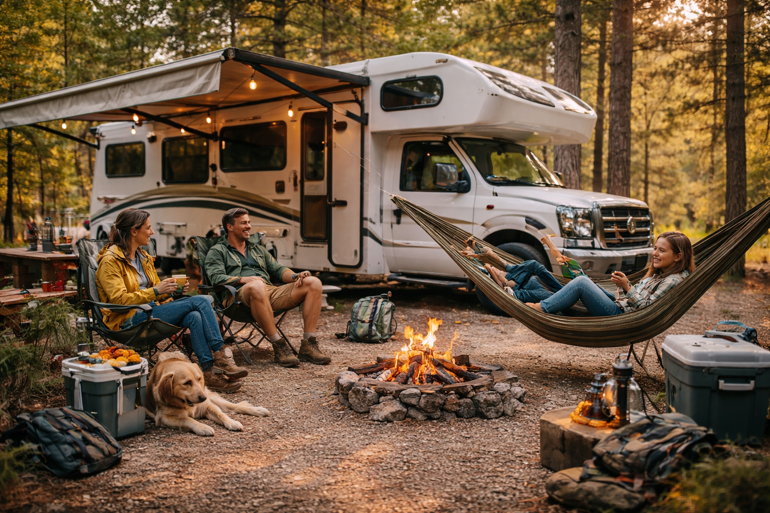 Family relaxing outside their RV at a campground representing RV vacation liability insurance coverage