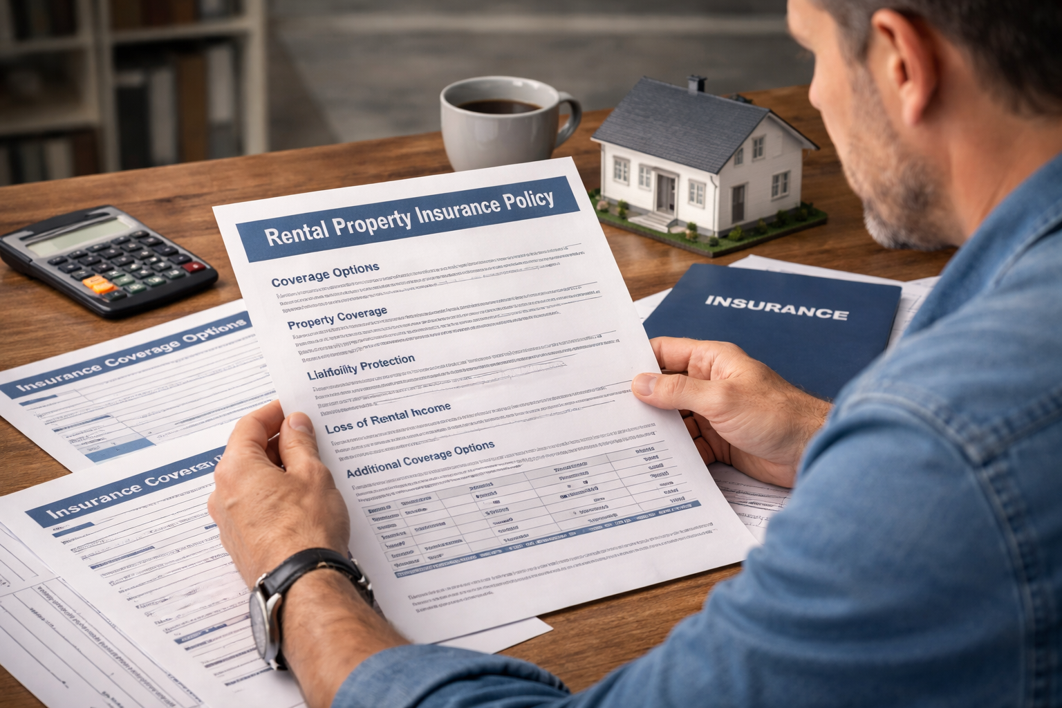 real estate investor reviewing rental property insurance policy and coverage options for a rental home investment
