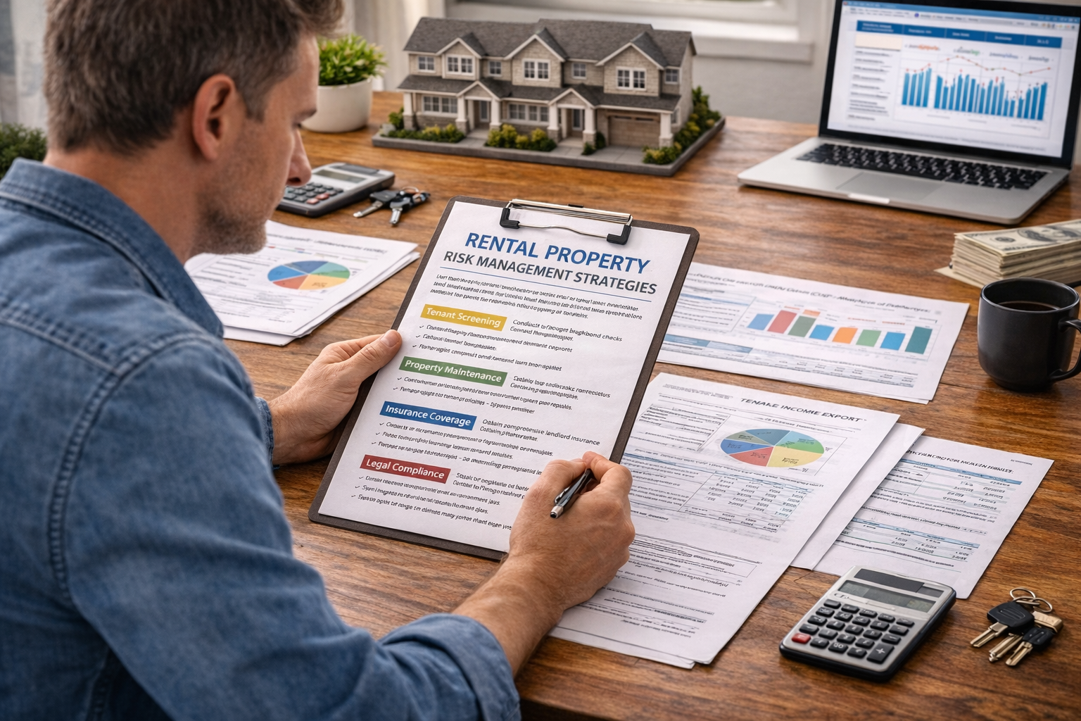 Real estate investor reviewing rental property risk management strategies for a portfolio of investment properties