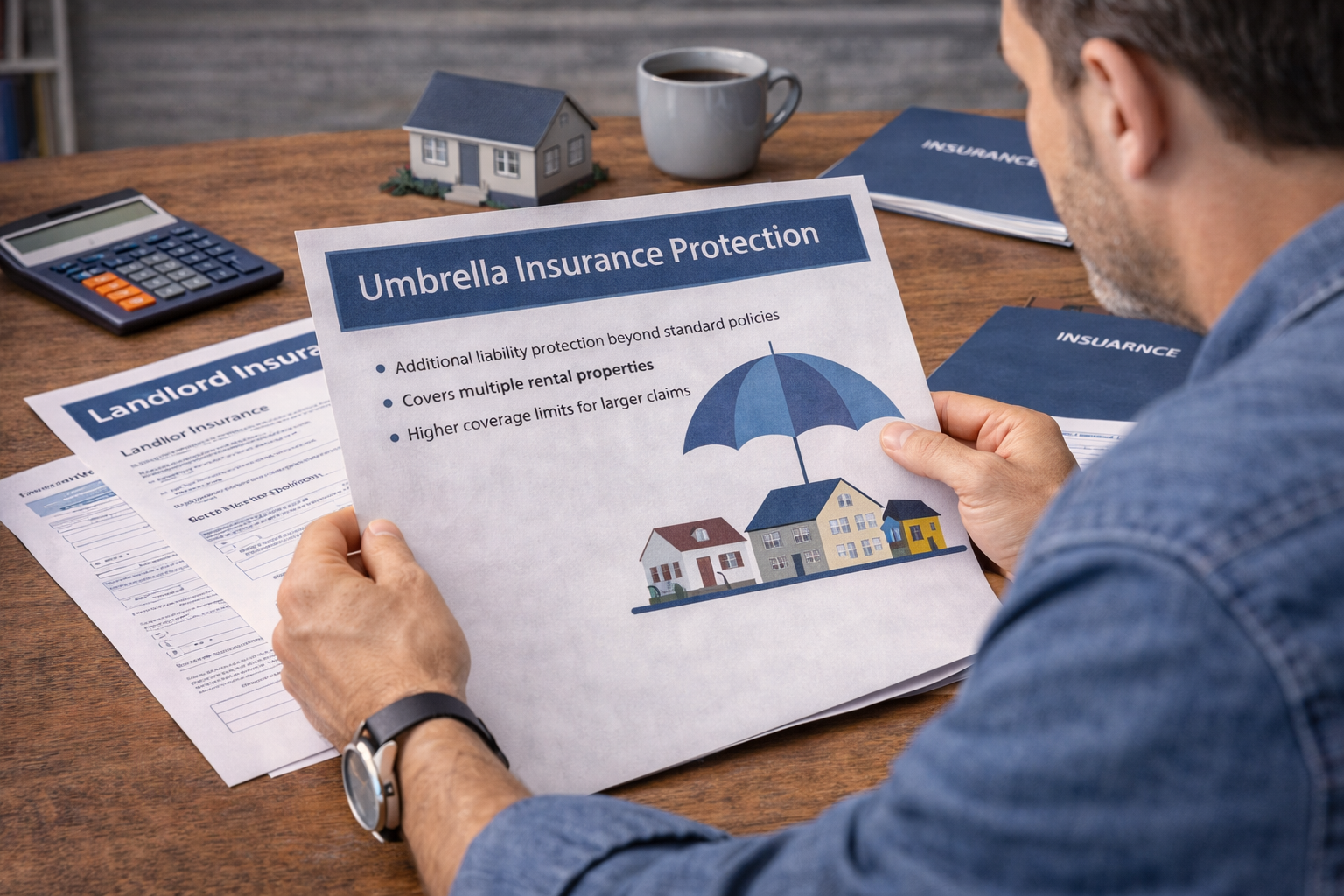 real estate investor reviewing umbrella insurance protection for multiple rental properties