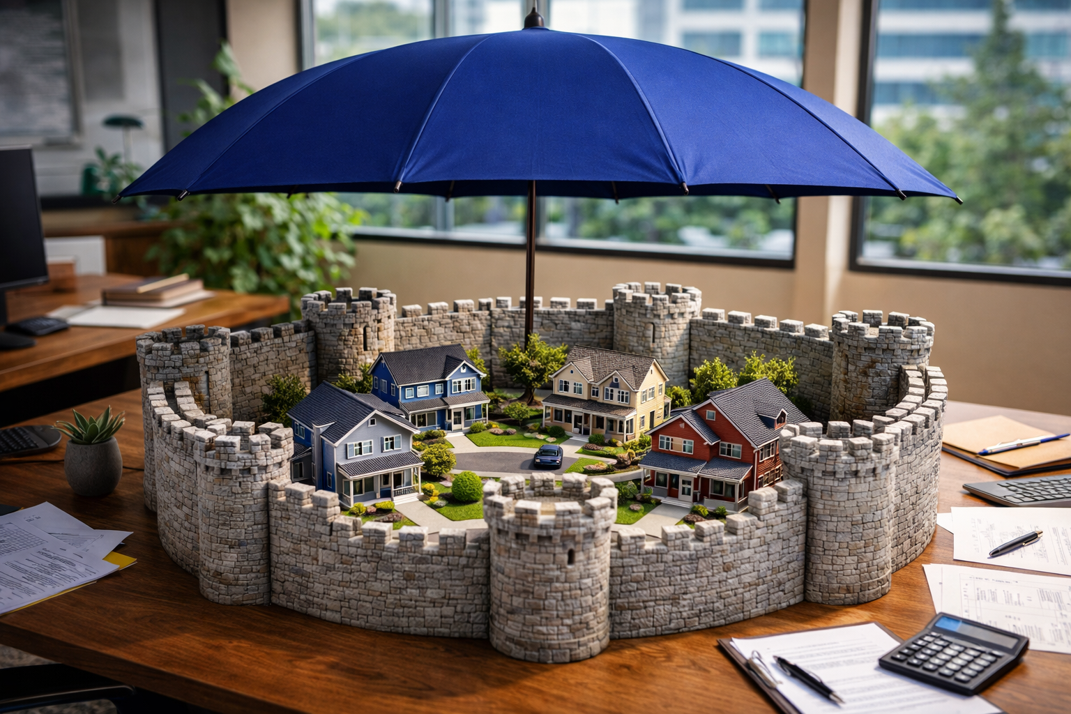 Real estate investor reviewing umbrella insurance protection for rental property liability risk