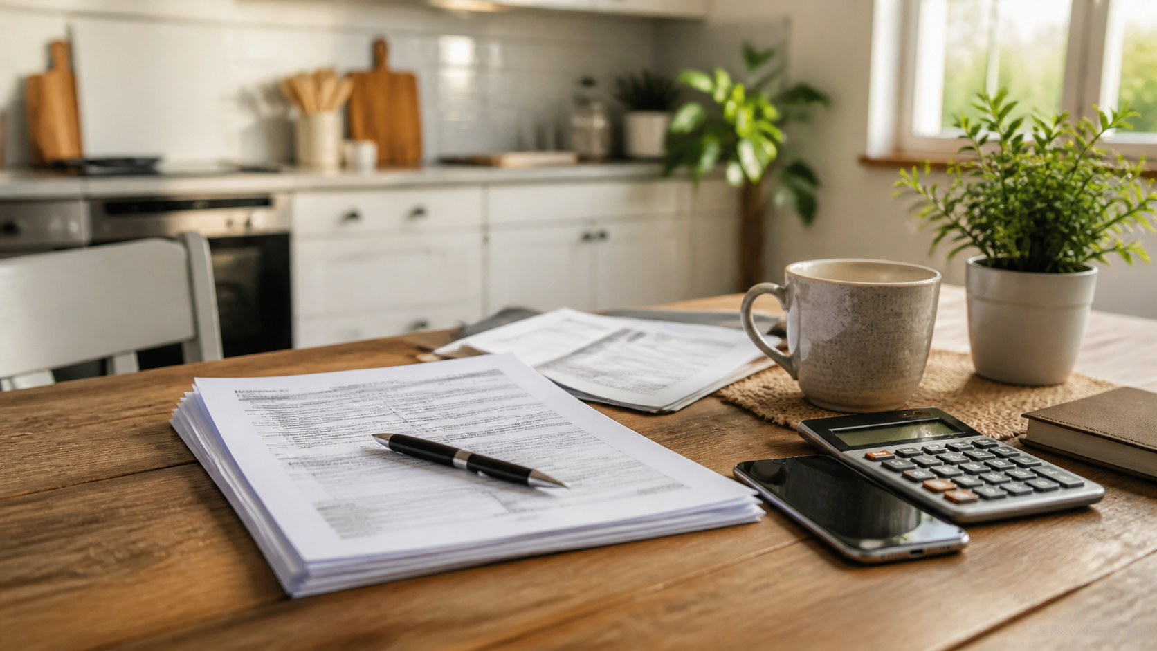 Insurance documents, calculator, and phone on a table, representing claim decisions