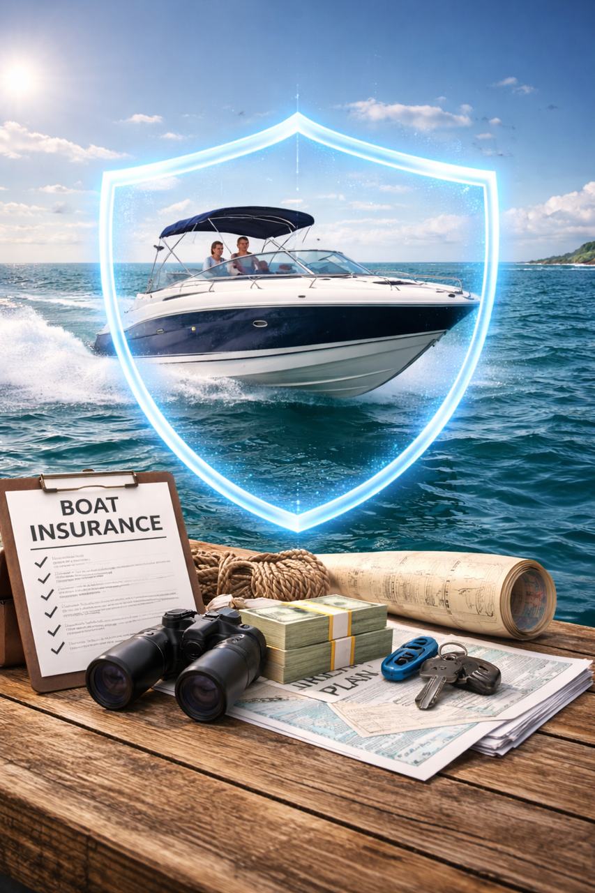 Recreational boat on open water representing boat insurance coverage and marine liability protection