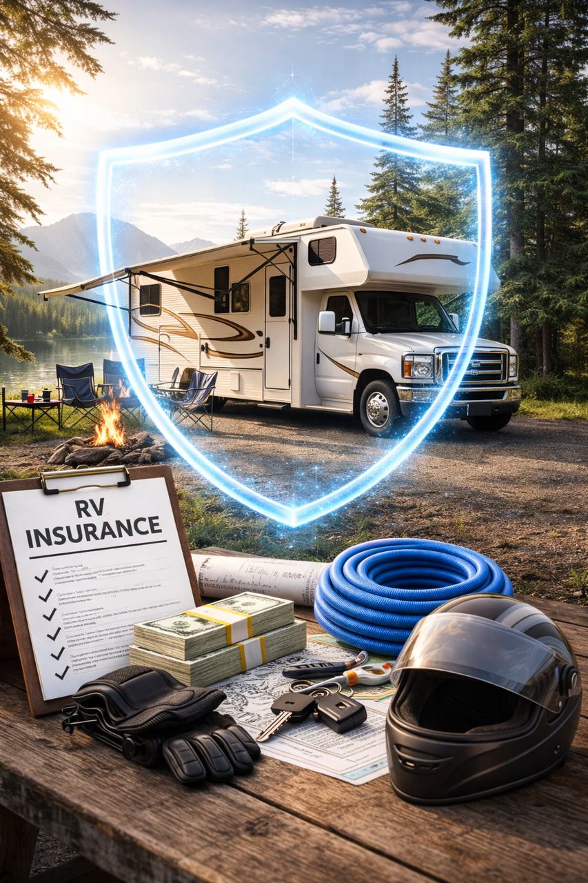 RV parked at campsite representing insurance protection for travel, liability, and weather risks