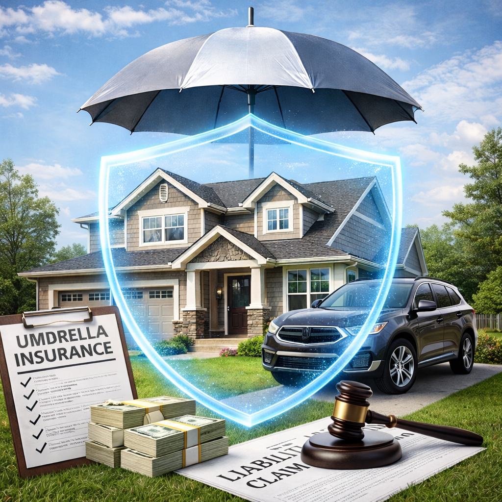 Family home and vehicle representing umbrella insurance for extended liability protection