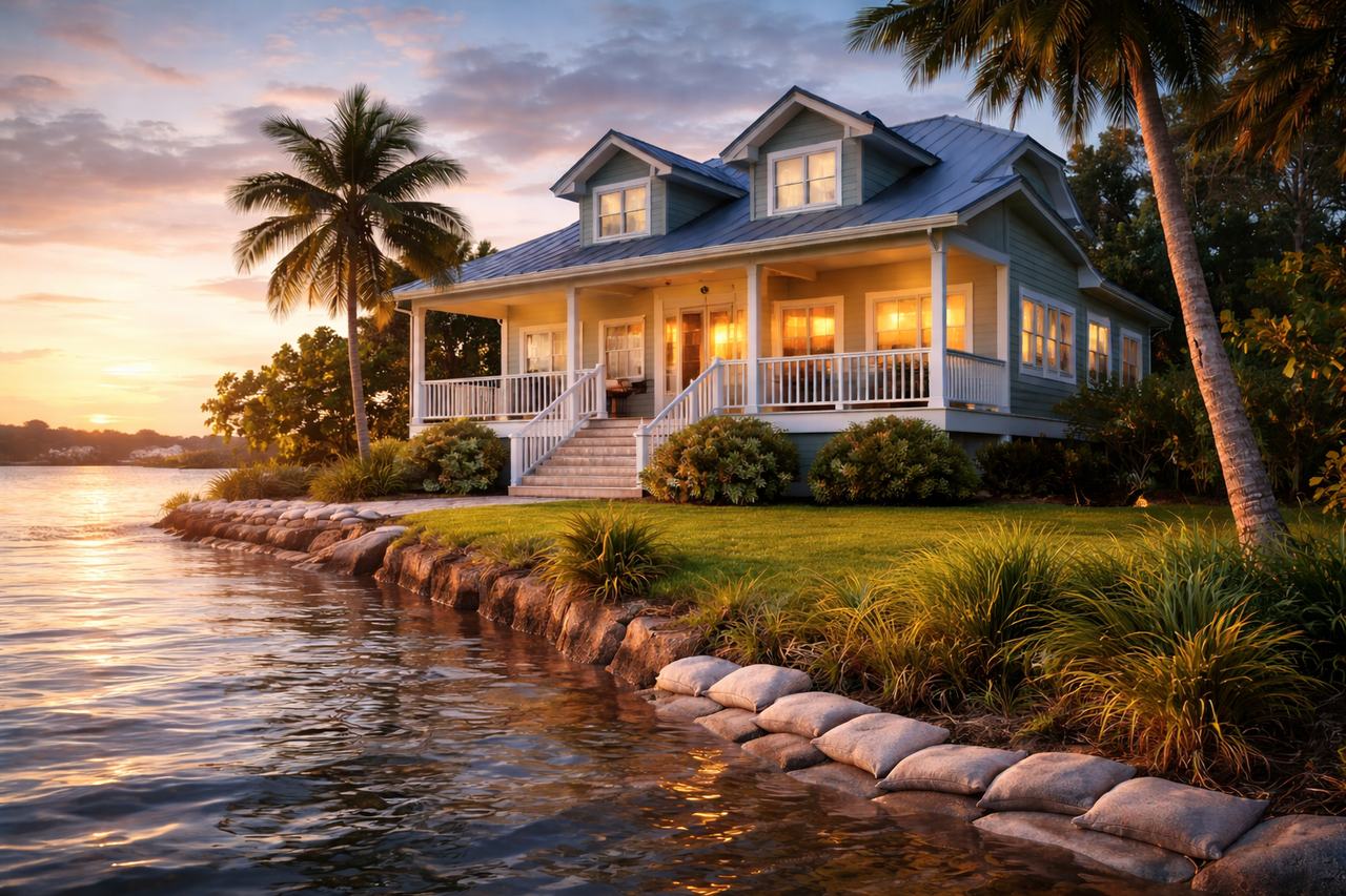 Florida style home near water with calm evening light representing flood insurance protection
