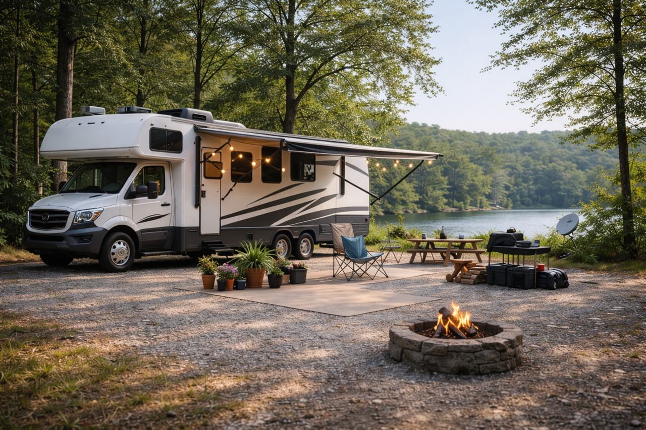 Couple living full time in motorhome at campground representing full time RV insurance coverage
