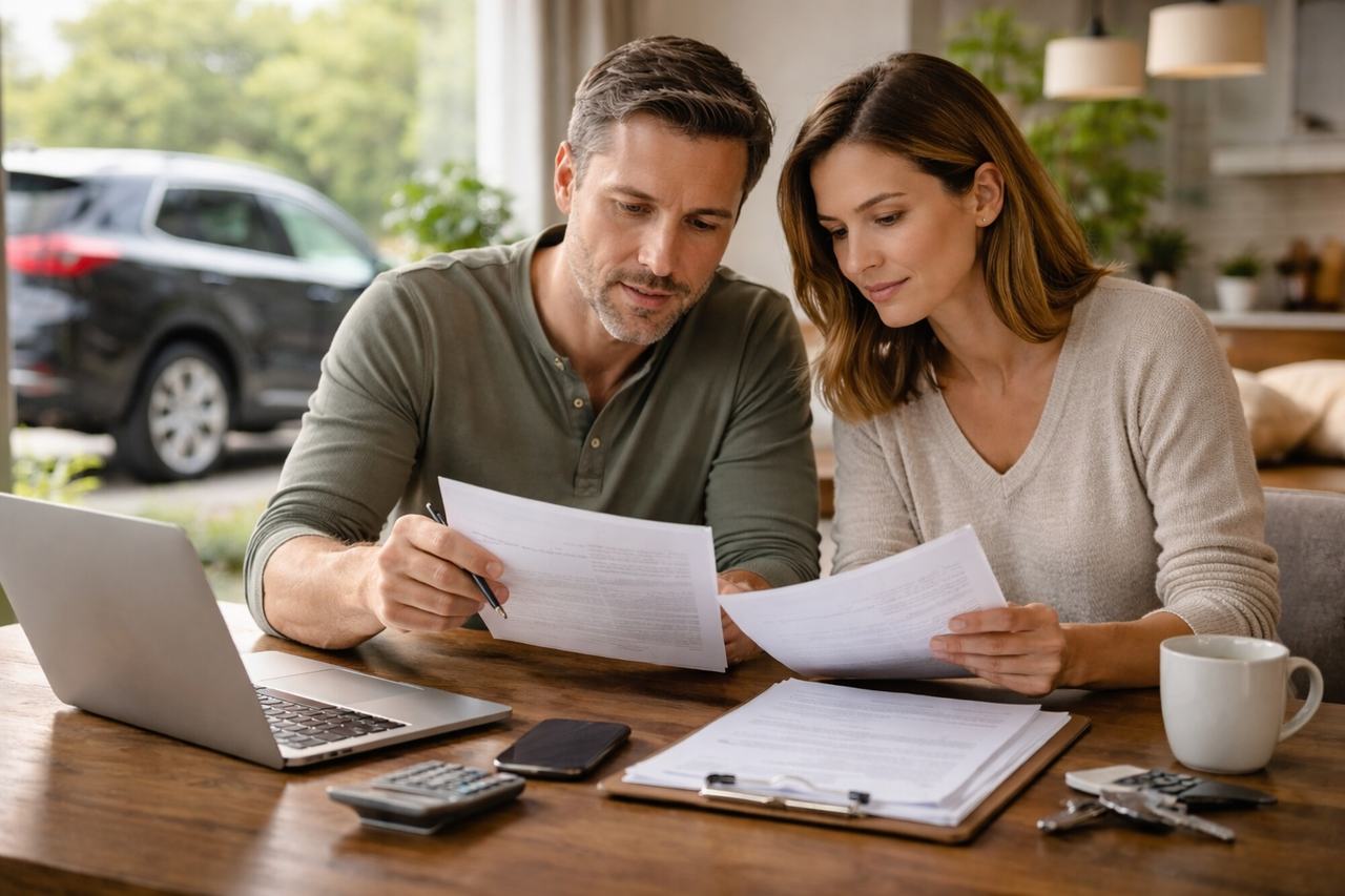 Homeowner and driver reviewing insurance claim paperwork at a table