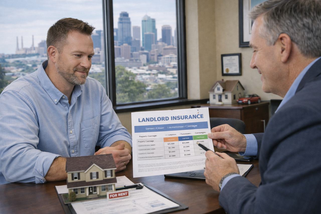 Kansas City property owner reviewing landlord insurance with an agent