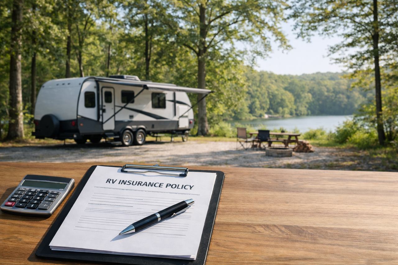 Missouri RV insurance cost planning with calculator and policy paperwork