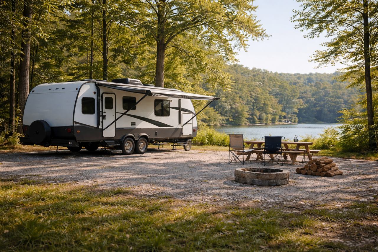 Travel trailer parked at Missouri campground representing travel trailer insurance coverage