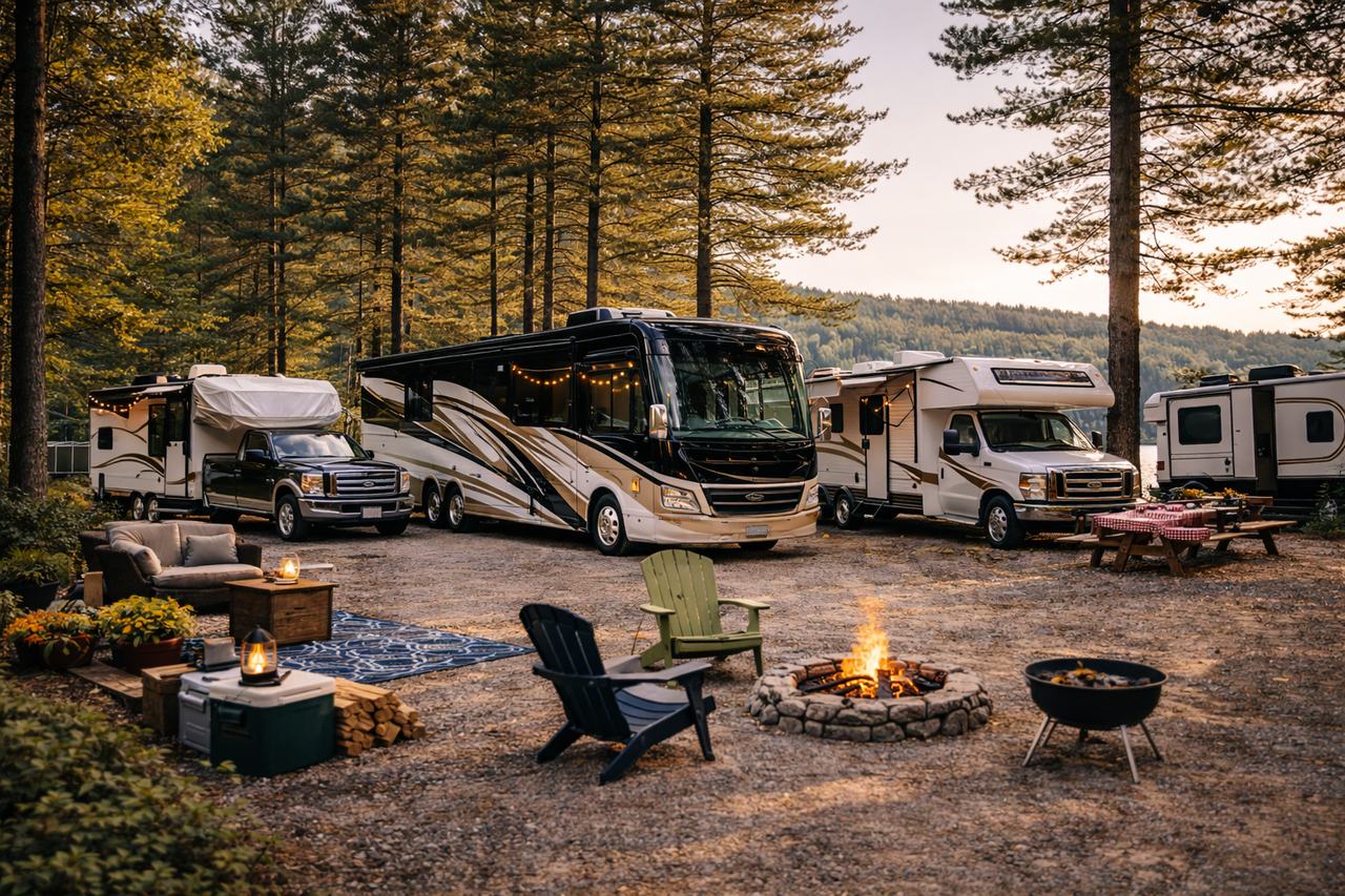 Motorhomes and travel trailers at scenic campground representing comparison of RV insurance companies