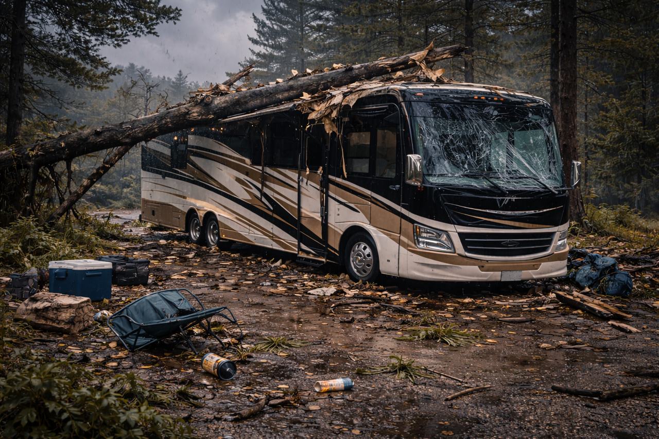 Motorhome after severe storm damage representing RV insurance coverage for storm related losses