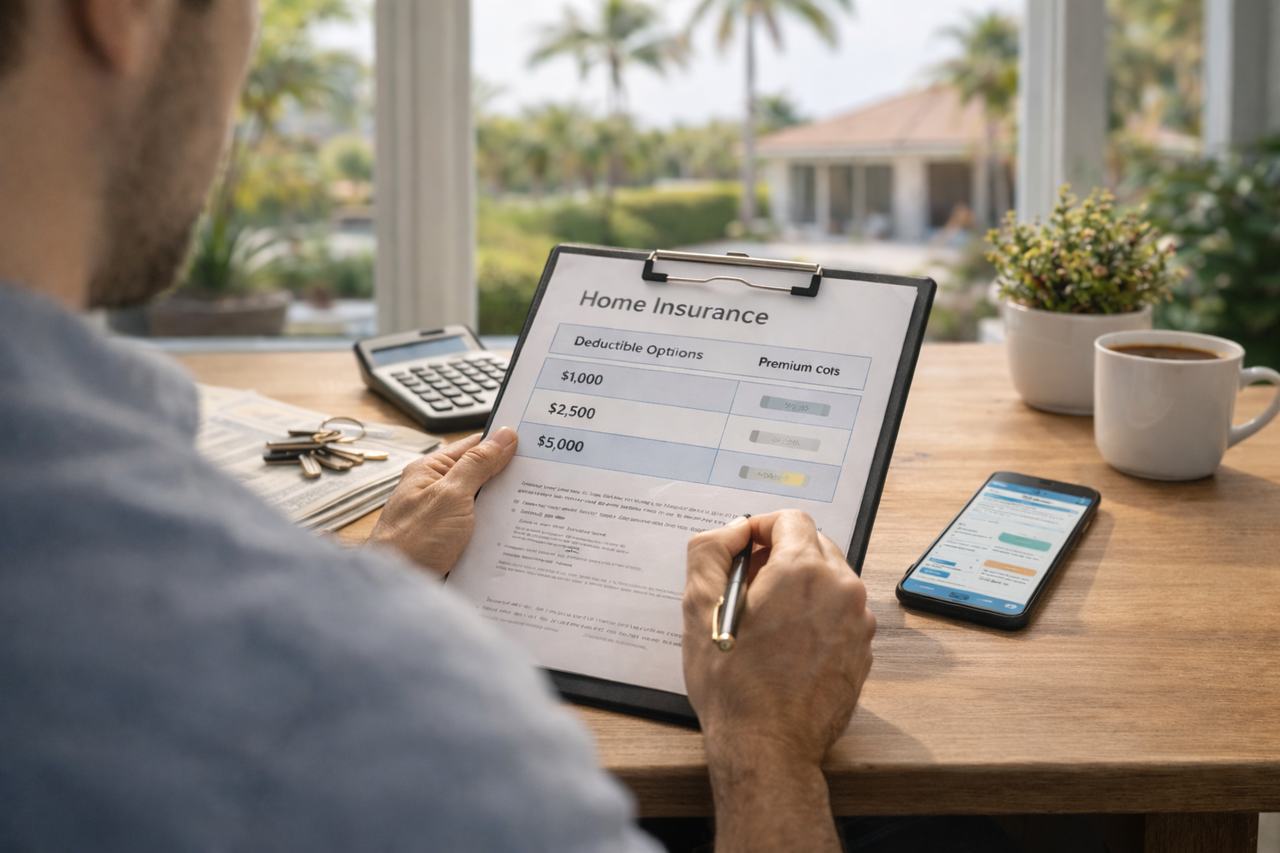 Homeowner reviewing insurance deductible options for home insurance