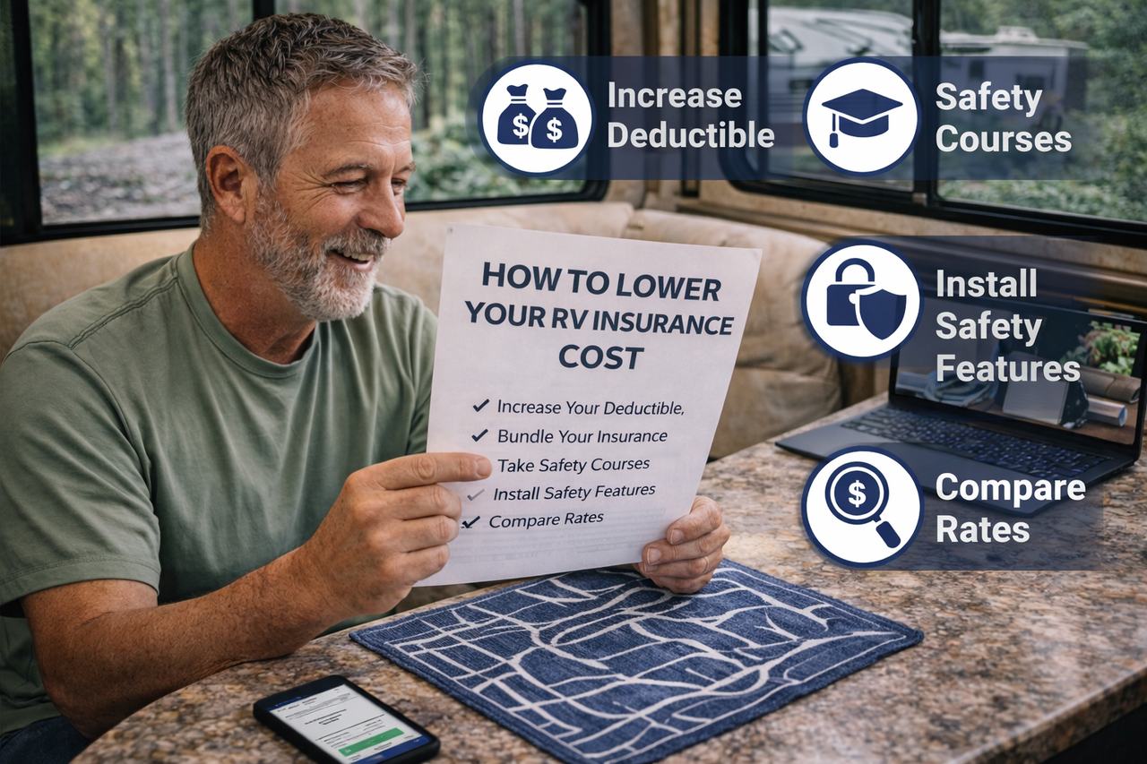 RV owner reviewing insurance options and savings strategies representing how to lower RV insurance cost