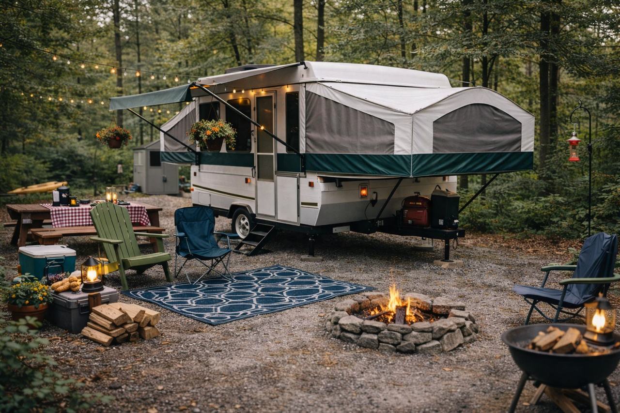 Pop up camper set up at a wooded campsite representing pop up camper insurance coverage