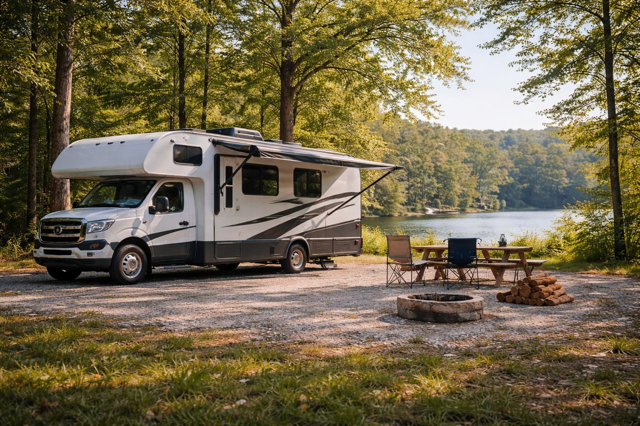 Motorhome parked at a wooded campsite representing comprehensive RV insurance coverage protection