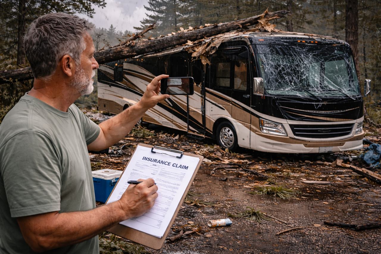 RV owner documenting damage for insurance claim representing RV insurance claim process